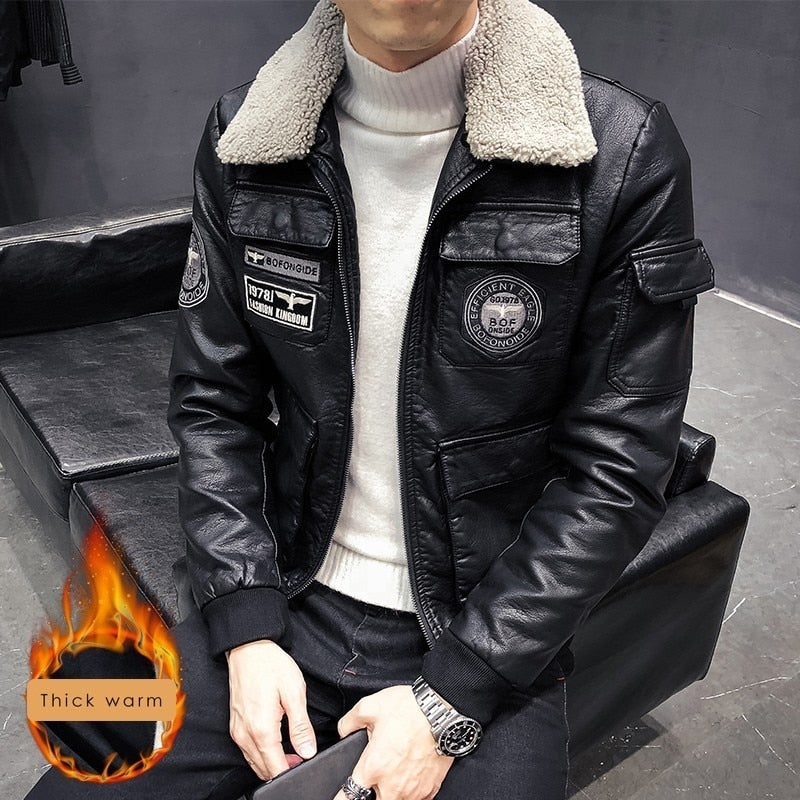 Winter Black Leather with Detachable Wool Collar Combination Men Jackets