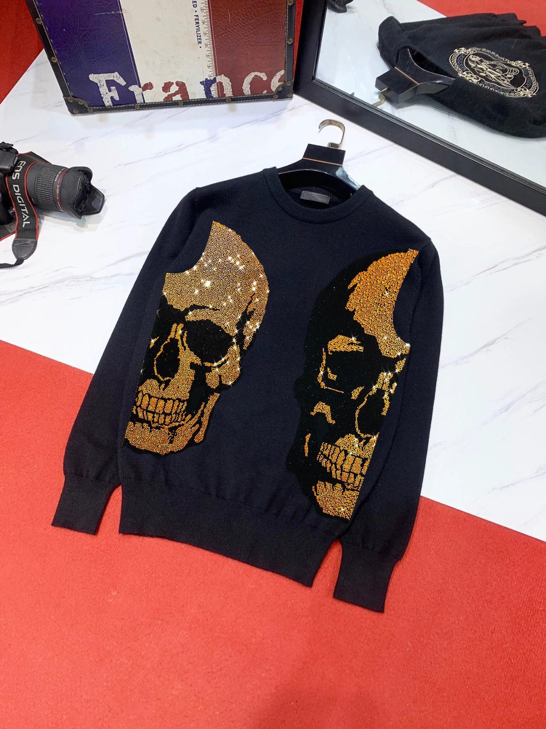 Two Half-Skull Rhinestone Decorated Sweatshirt