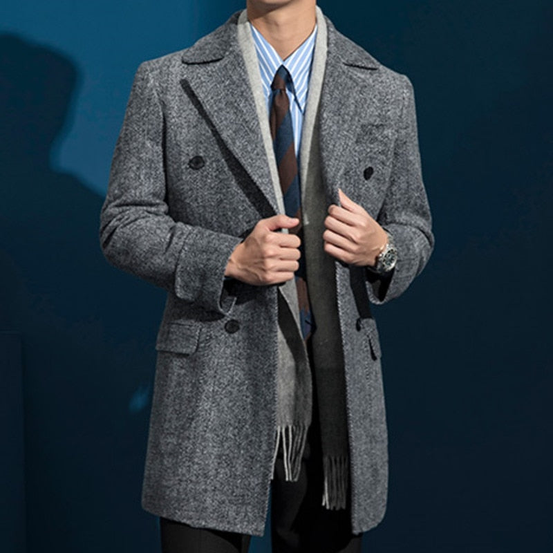 Business Style Double Breasted Wool Blend Trench Coat