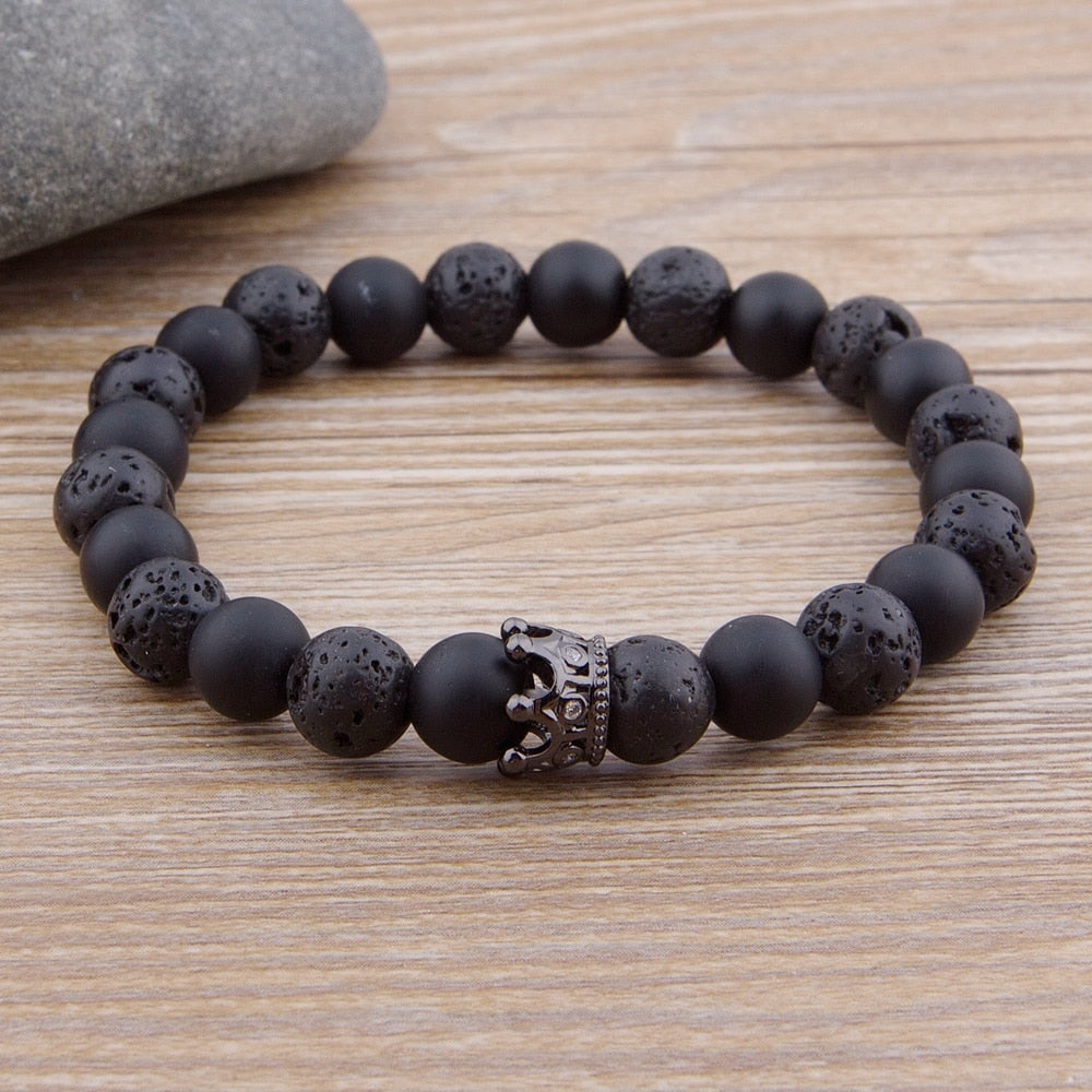Natural Stone Matte Onyx Stone with Crown Accessories Men Beads Bracelet