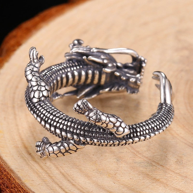 Vintage Dragon Adjustable Sterling Silver Men Rings