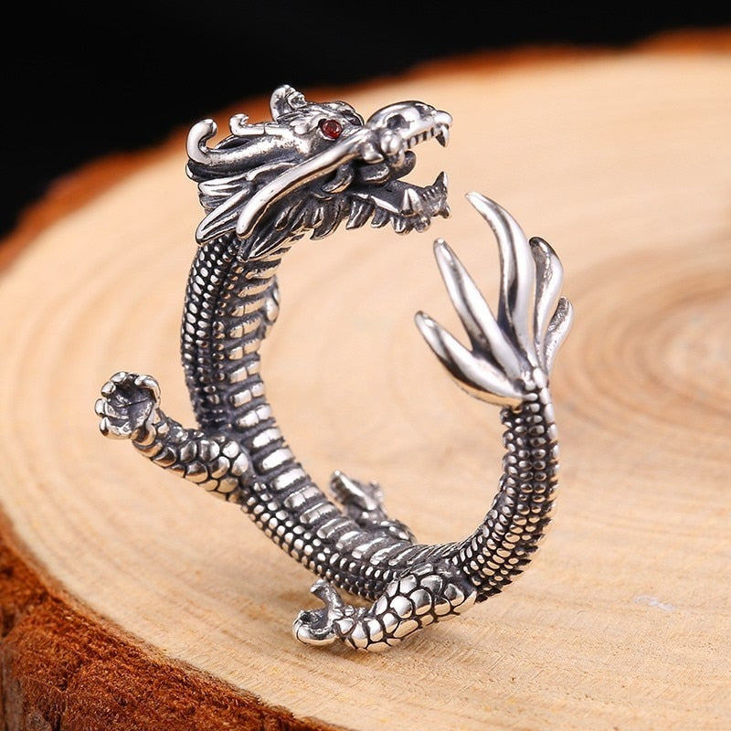 Vintage Dragon Adjustable Sterling Silver Men Rings