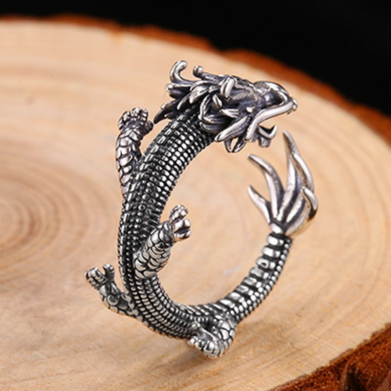 Vintage Dragon Adjustable Sterling Silver Men Rings
