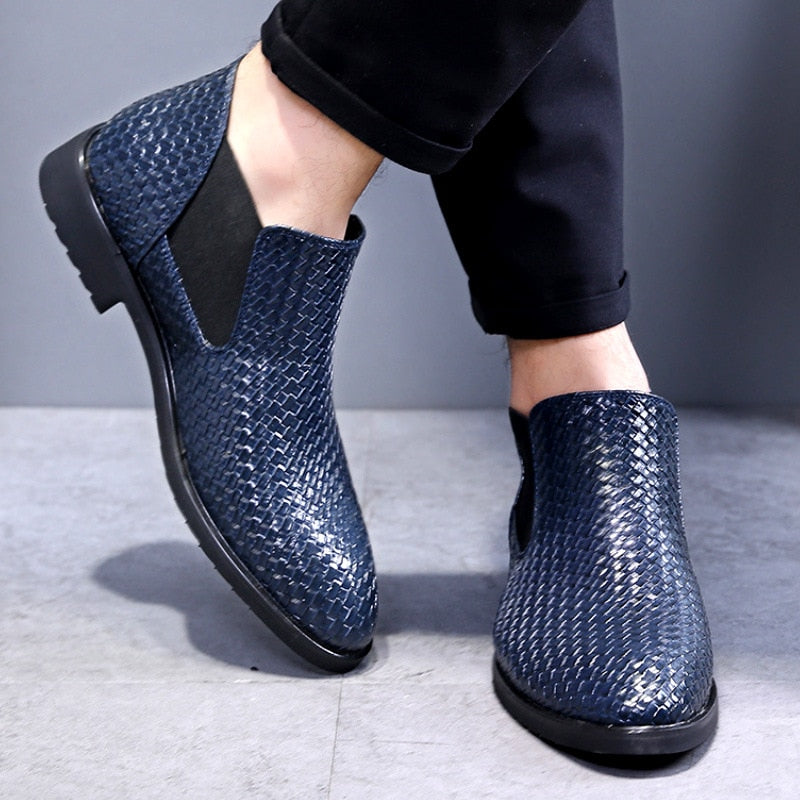 Solid Classic Hand Woven Textured Pattern Style Men Chelsea Boots