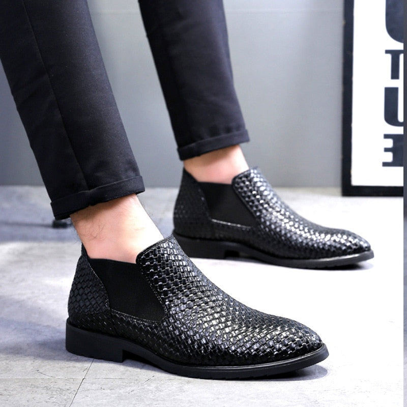 Solid Classic Hand Woven Textured Pattern Style Men Chelsea Boots