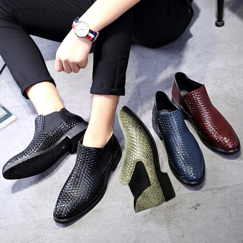 Solid Classic Hand Woven Textured Pattern Style Men Chelsea Boots