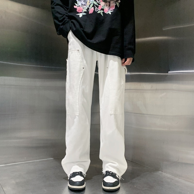 Zipper Straight Loose Clean White Jeans