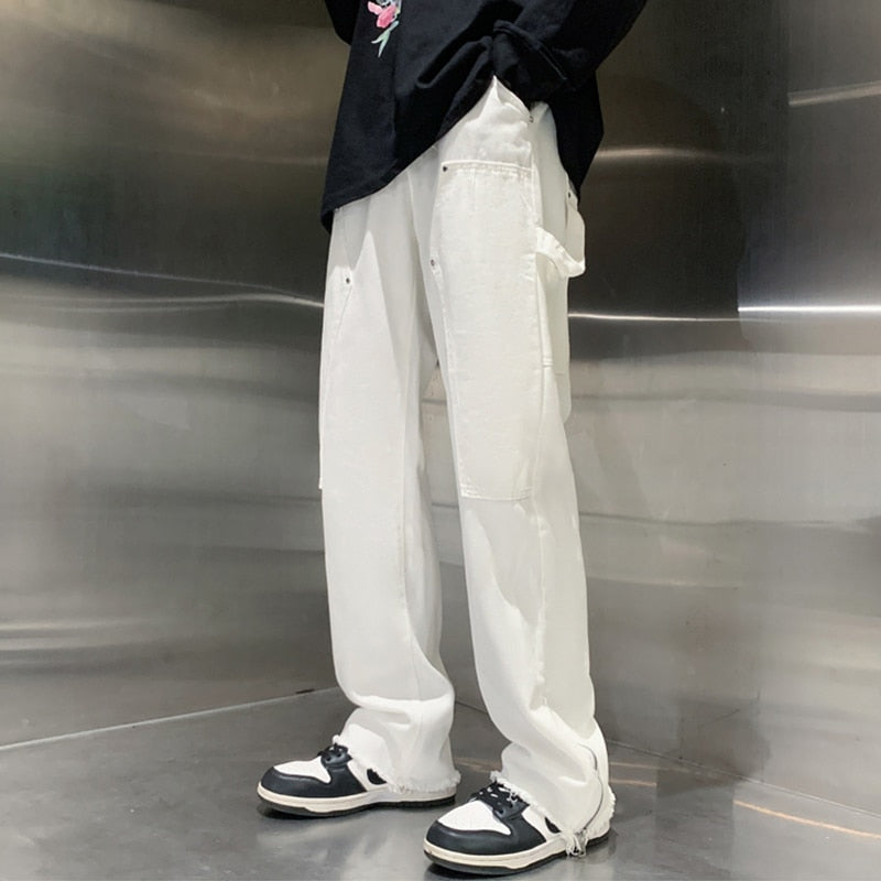 Zipper Straight Loose Clean White Jeans