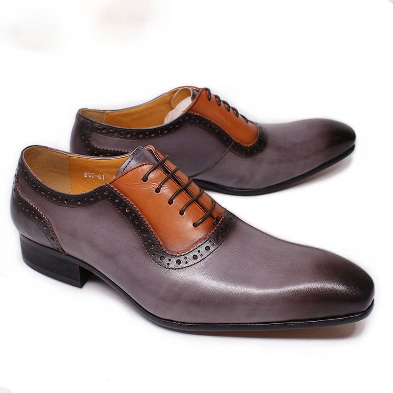 Gray Hand Polished Pointed Two Double Colors Men Oxford Shoes