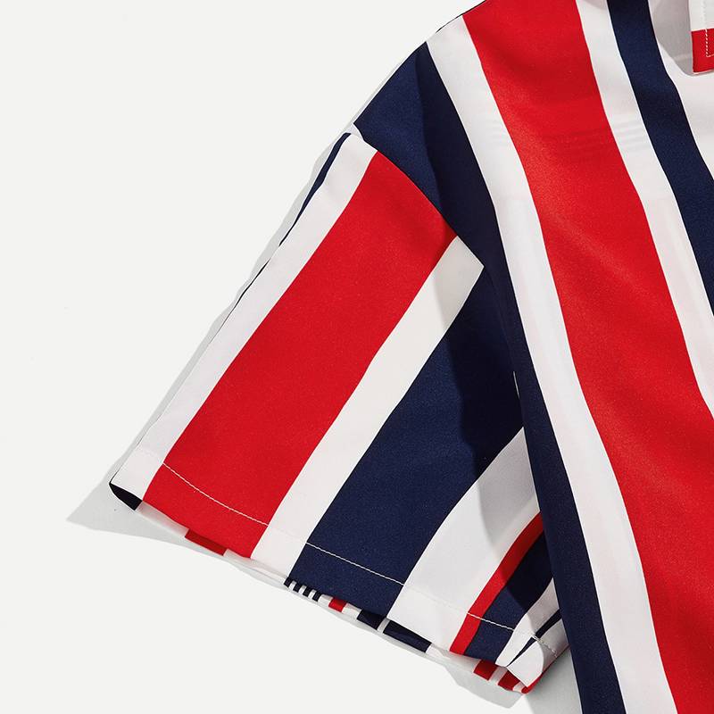 Vertical Stripe Buttoned Short Sleeve Style Men Shirt