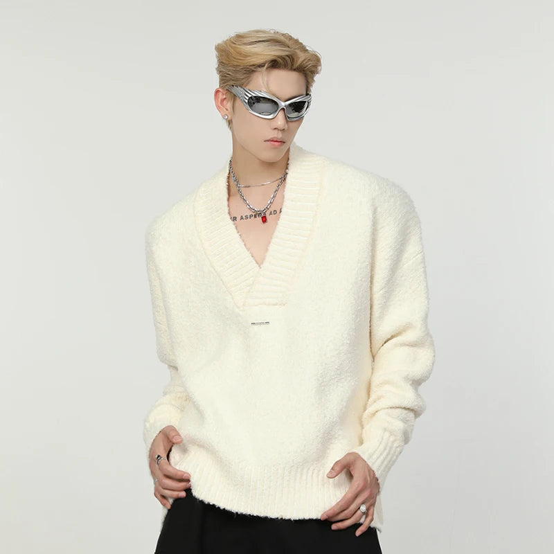 Solid Striped V-Neck Knitwear Sweater