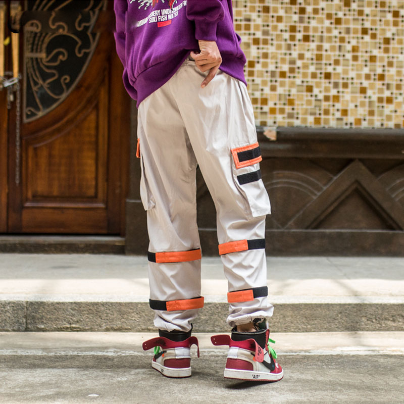 Orange Side Pockets Cargo Hip Hop Casual Men Streetwear Pants