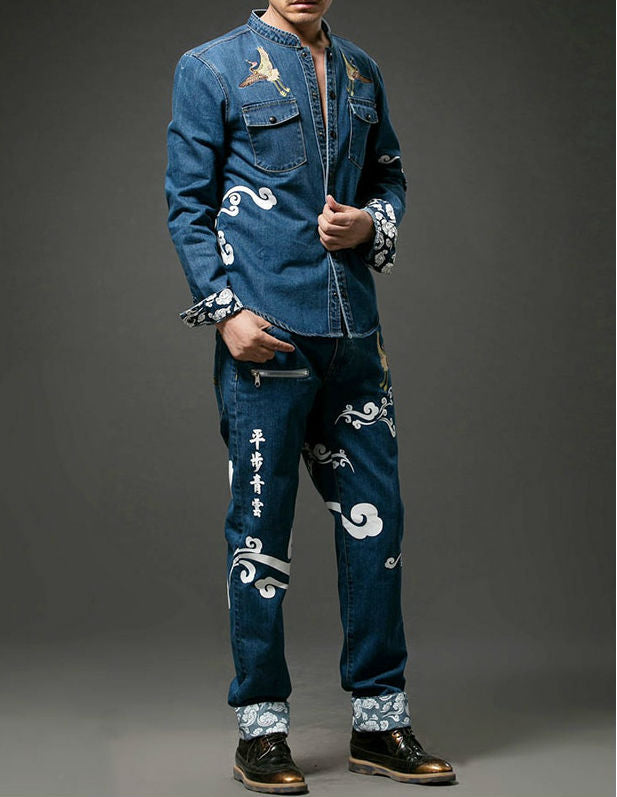 Oriental Pattern with HanZi Letter Details Men Jeans