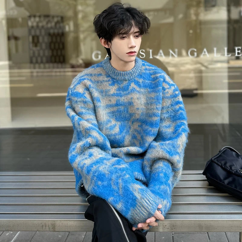 Blue Contrast Color Round Collar Sweater