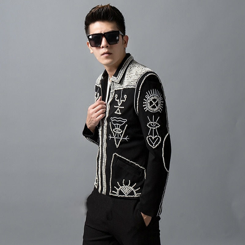 Unique Tribal Art Pattern Sequin Men Black Blazer