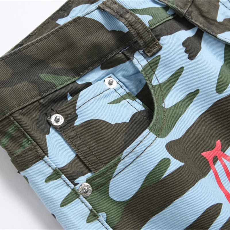 Multi-Pocket Camouflage Color Print Jeans