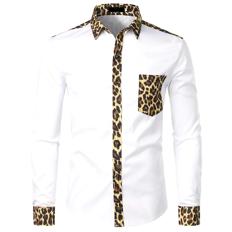 Mixed Leopard Print Pocket Men Long Sleeve Shirt