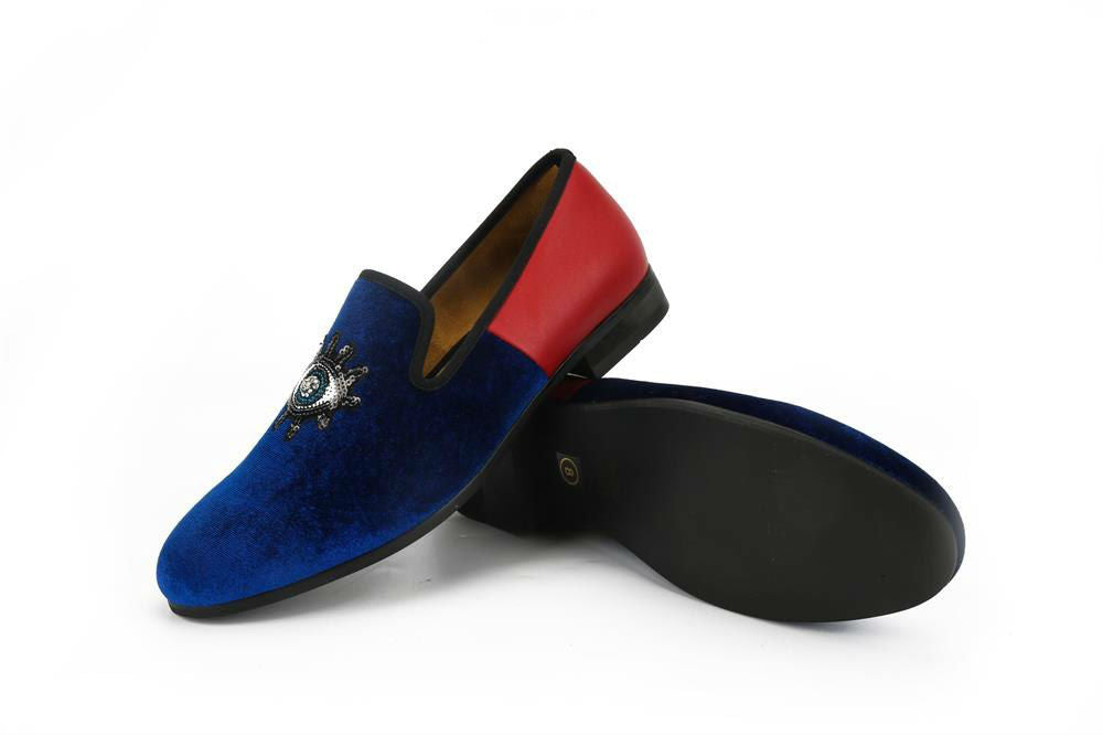Blue Eyes Shape Sequin Detail Men Velvet Loafers Shoes - FanFreakz