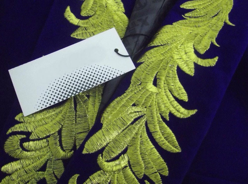 Velvet Royal Blue with Gold Touch Style Men Costume Set Blazer With Pant