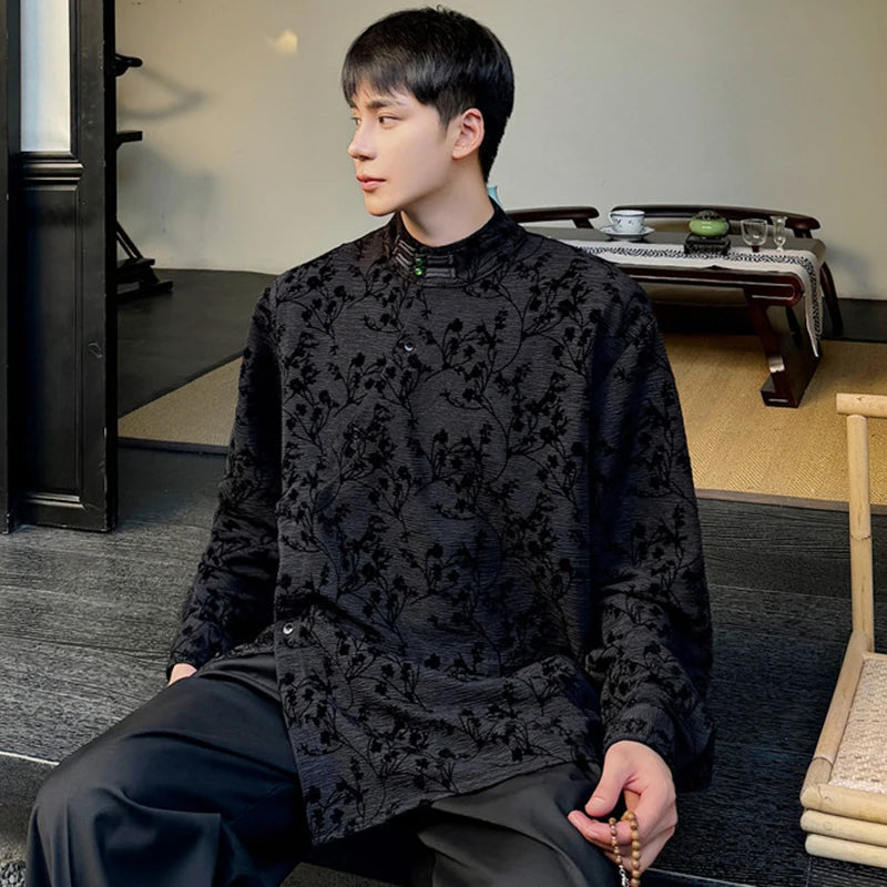 Floral Flocking Stand Collar Shirt