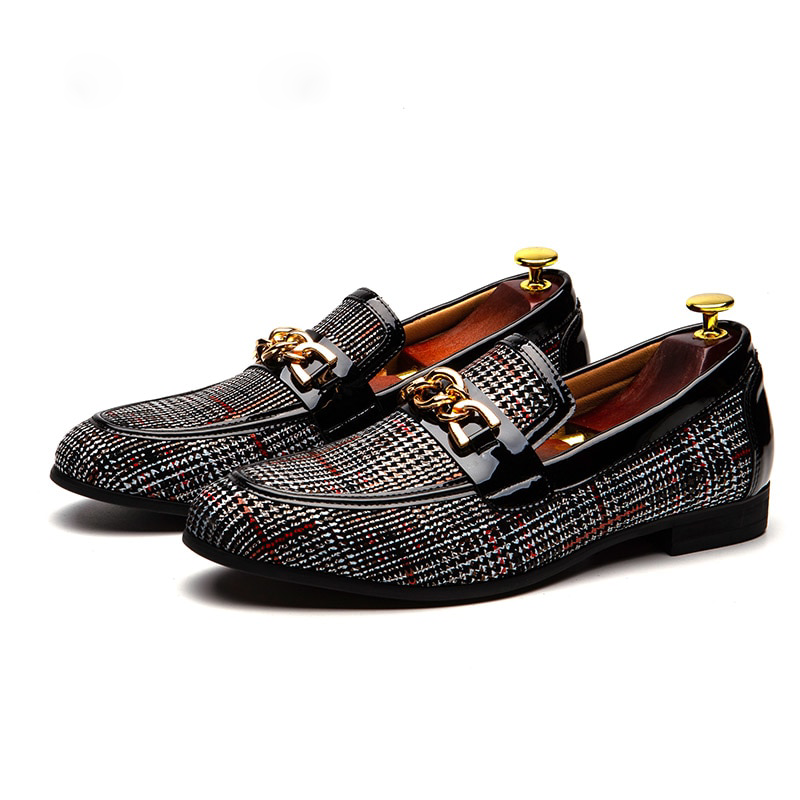 Luxury Plaid with Metal Chain Decoration Men Loafers Shoes