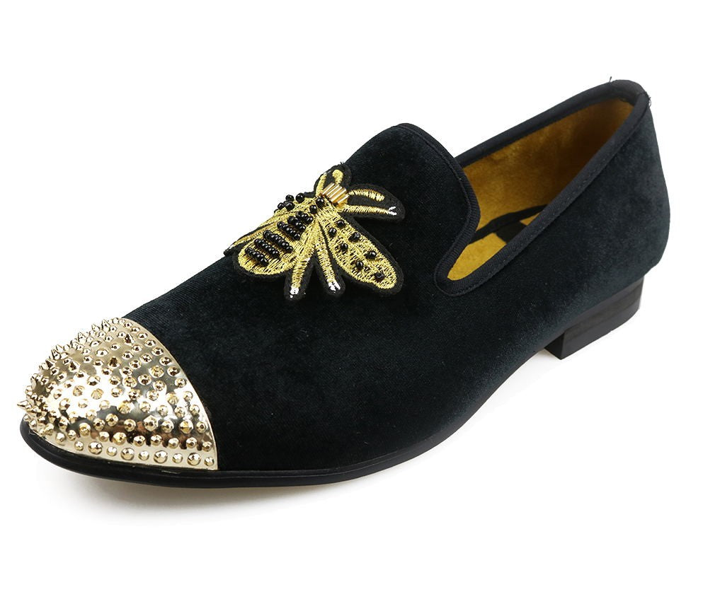 Golden Bee with Rivets Toes Men Velvet Loafers