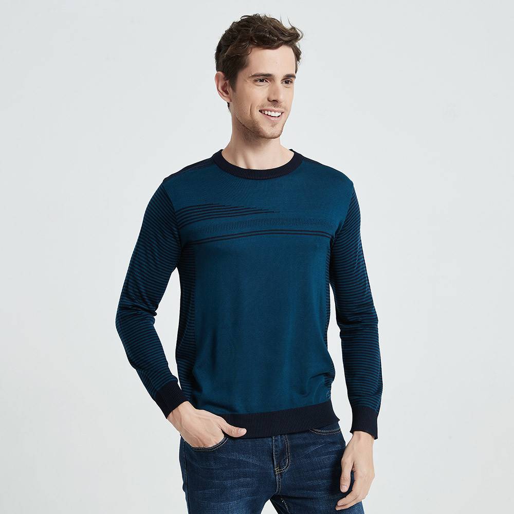 Fine Striped O-Neck Cotton Sweater