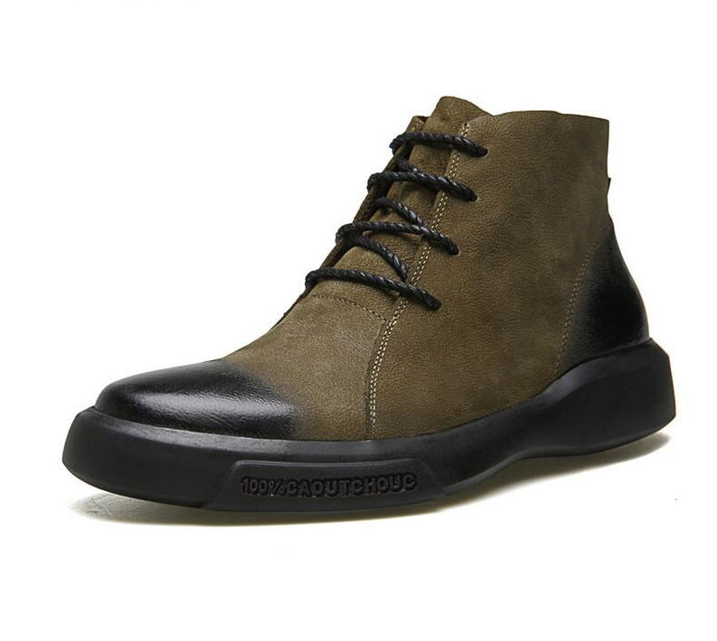 Black Green Lace Up Leather Combination Men Ankle Boots - FanFreakz