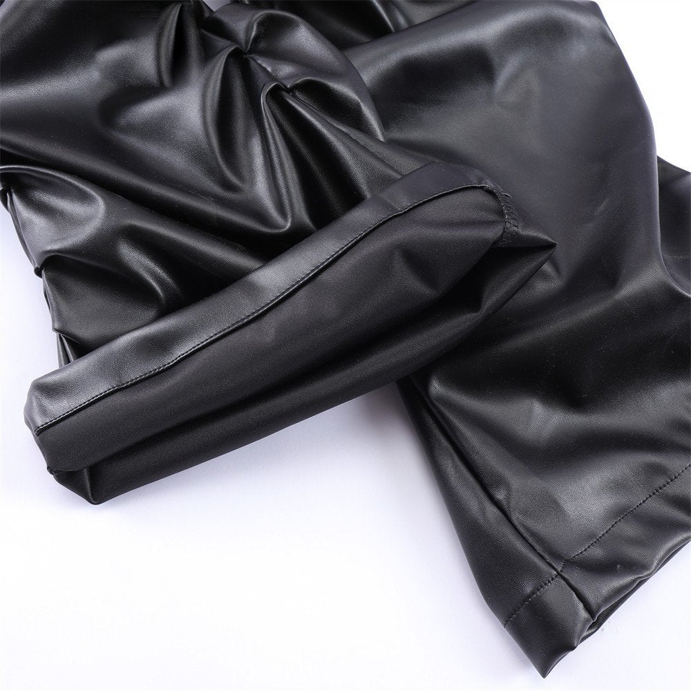 Pleated Black Leather Straight Pants