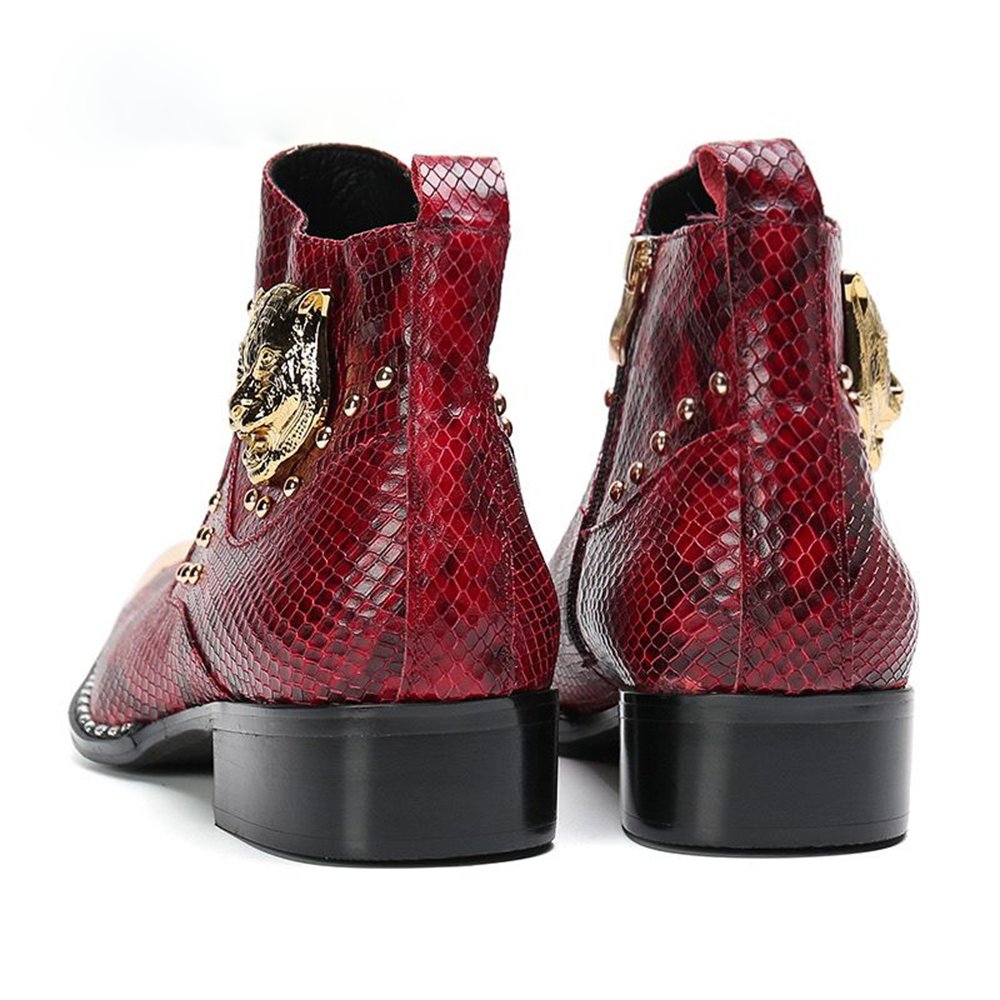Tiger Head Appliques Snakeskin Ankle Boots