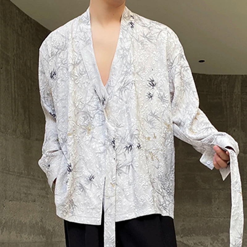 Vintage Solid Leaves Printed Lace-up Shirt