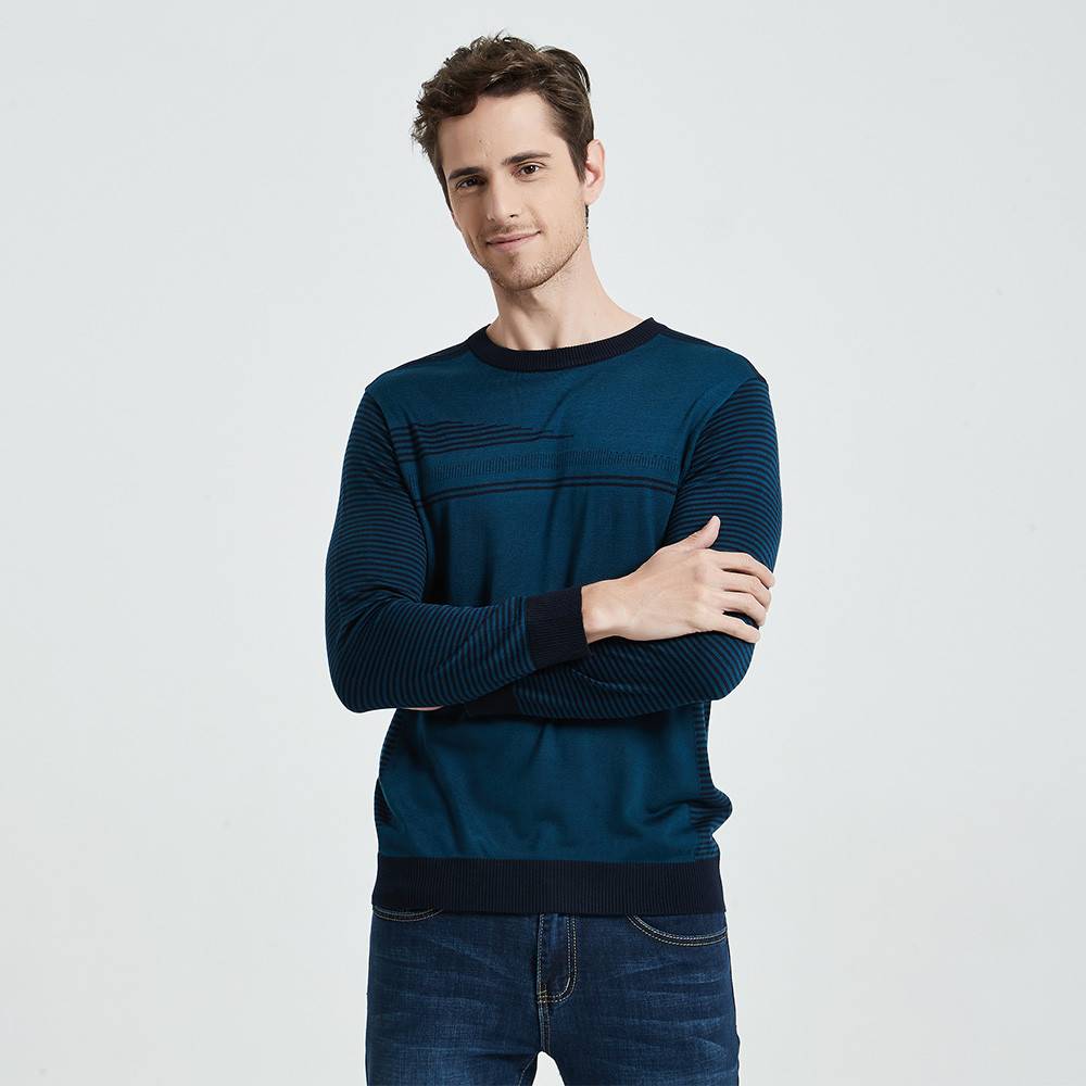 Fine Striped O-Neck Cotton Sweater