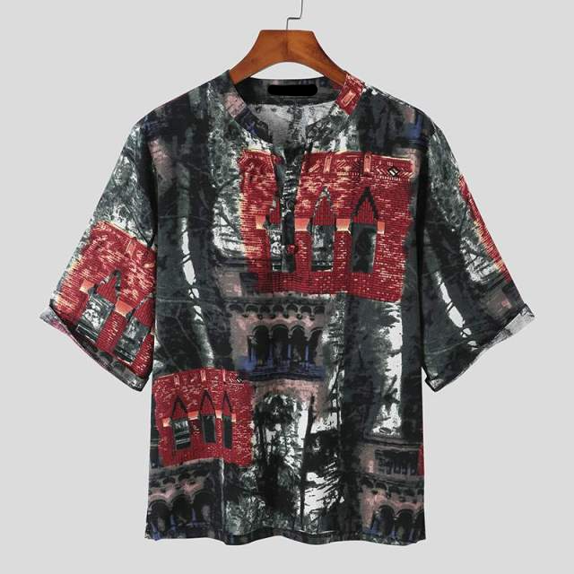 Mandarin Collar Abstrac Printed Short Sleeve Shirt