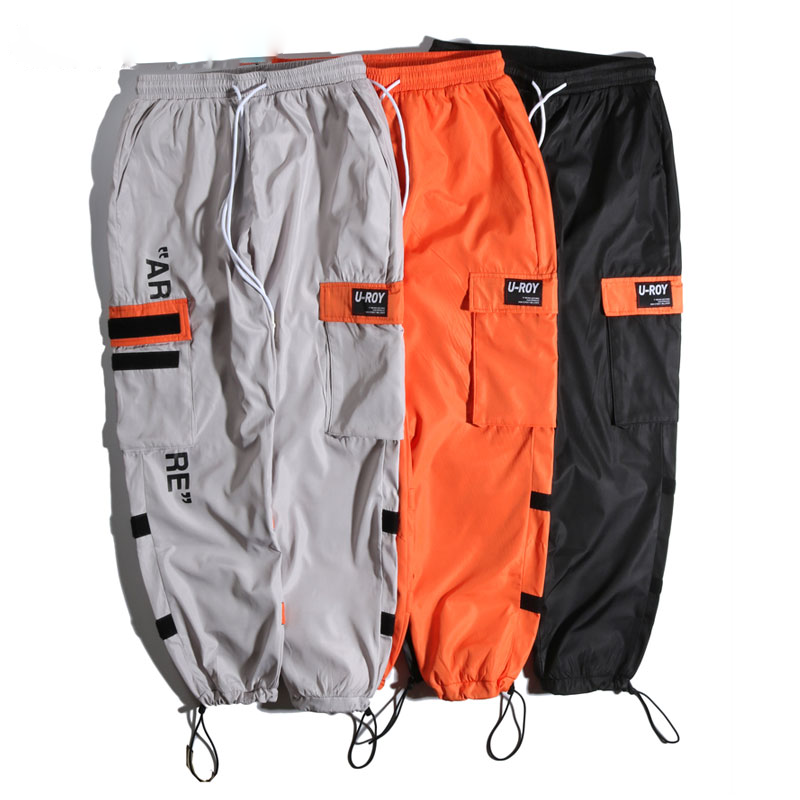 Orange Side Pockets Cargo Hip Hop Casual Men Streetwear Pants