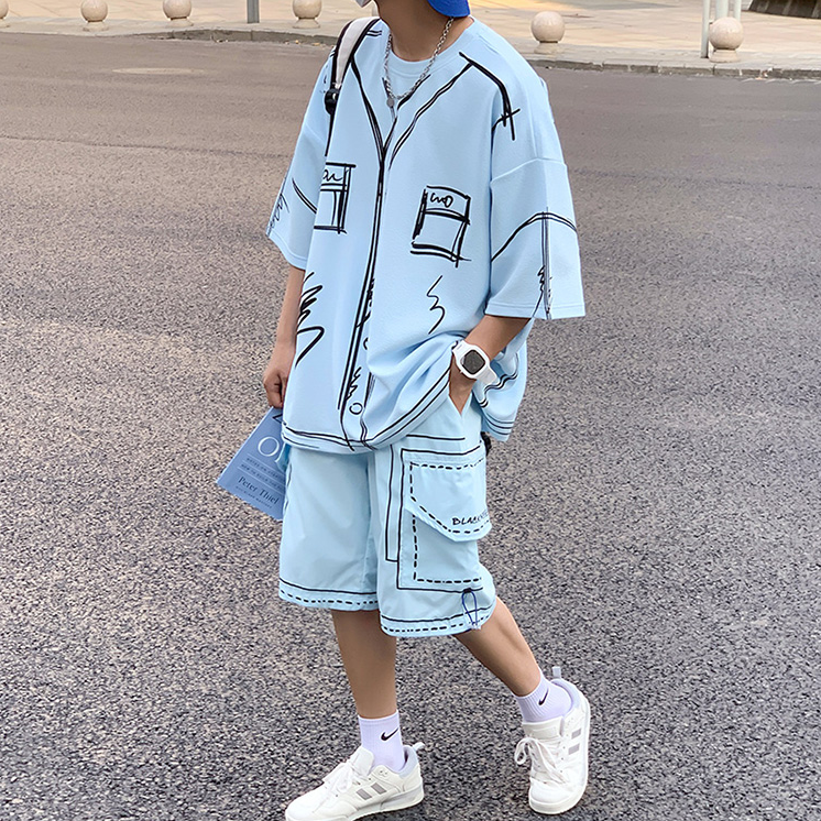 Hand-Painted Line Polyester Shorts Set