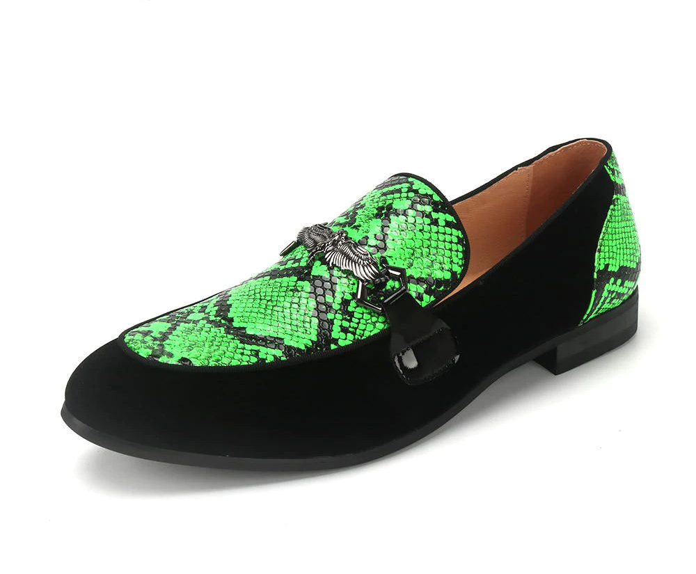 Black Green Snake Pattern Men Loafers Shoes