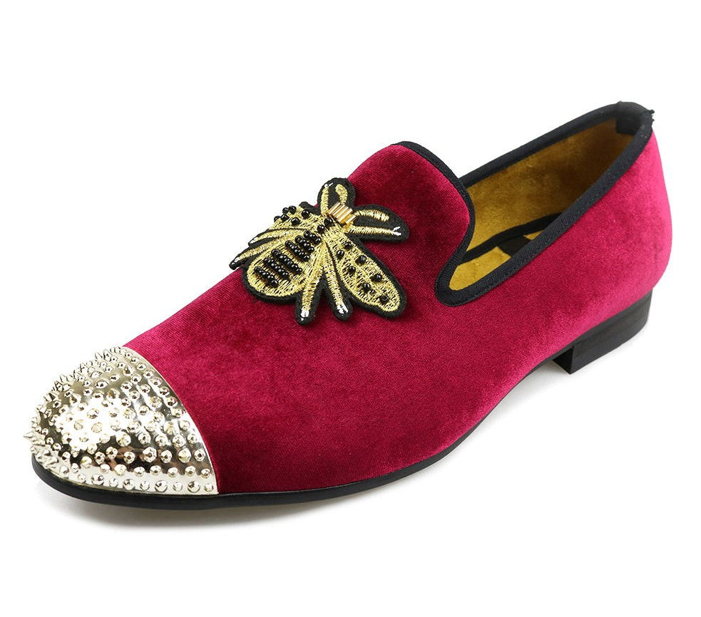 Golden Bee with Rivets Toes Men Velvet Loafers
