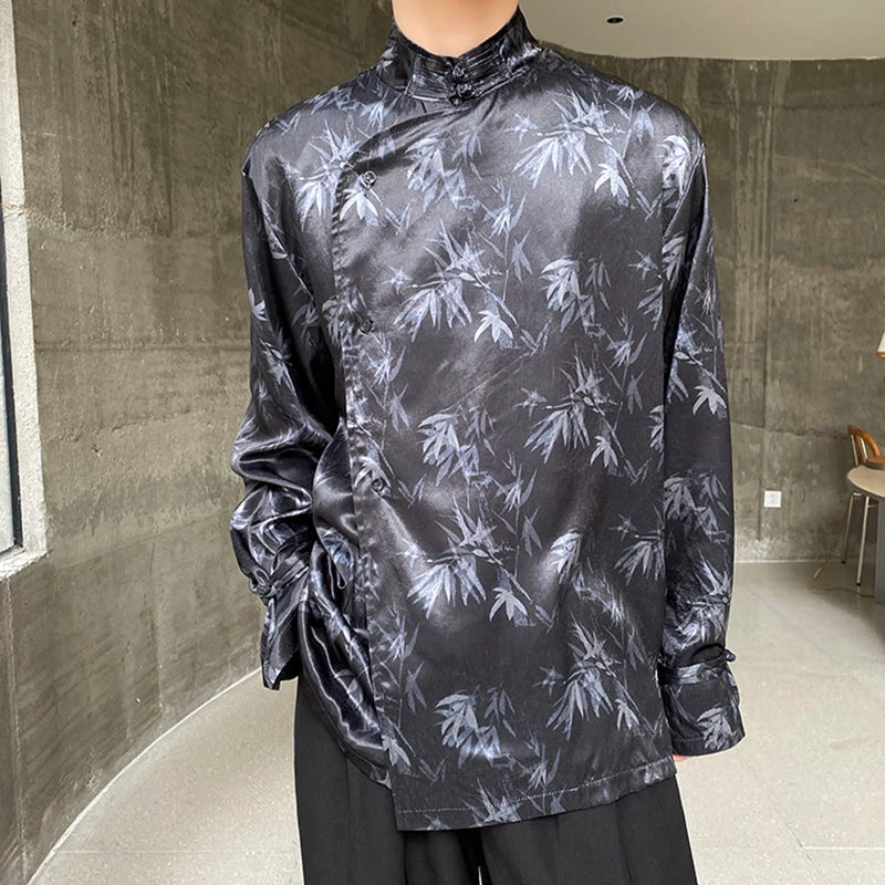 Leaves Printed Side Button Chinese Style Shirt