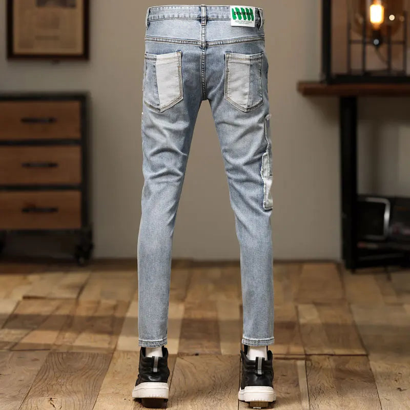 Retro Light Blue Stretch Patchwork Jeans