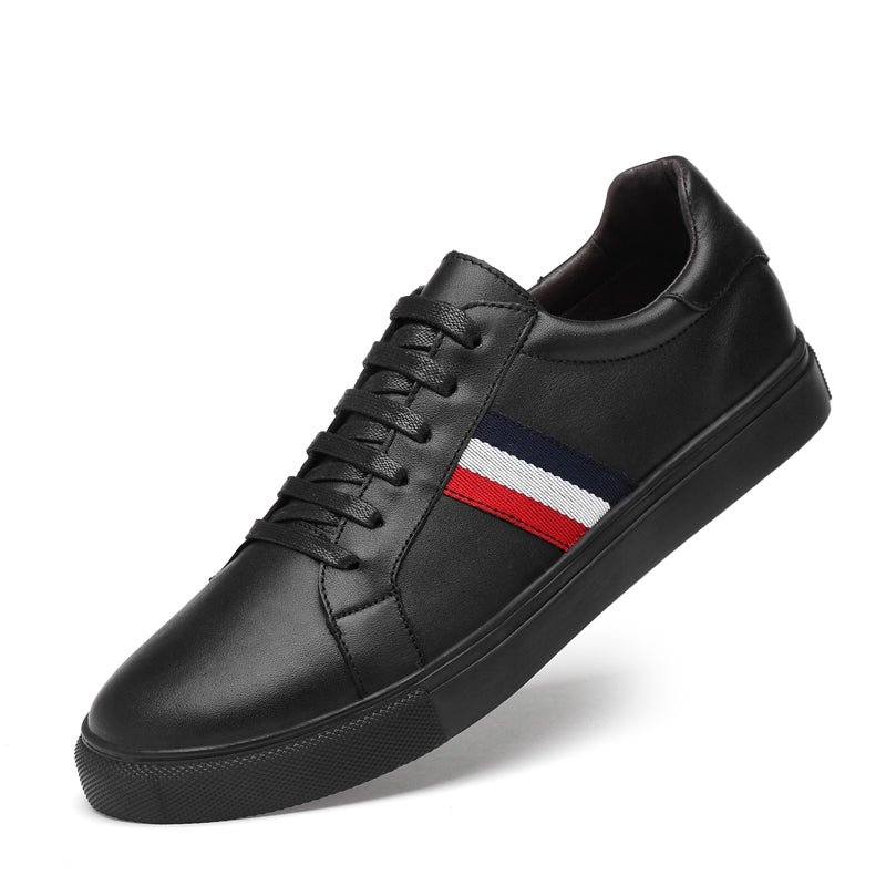 Black with Red Ribbon Casual Genuine Leather Men Sneaker