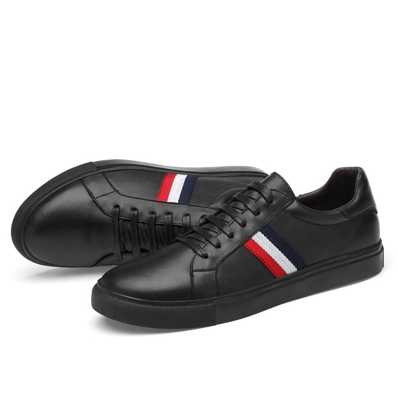 Black with Red Ribbon Casual Genuine Leather Men Sneaker