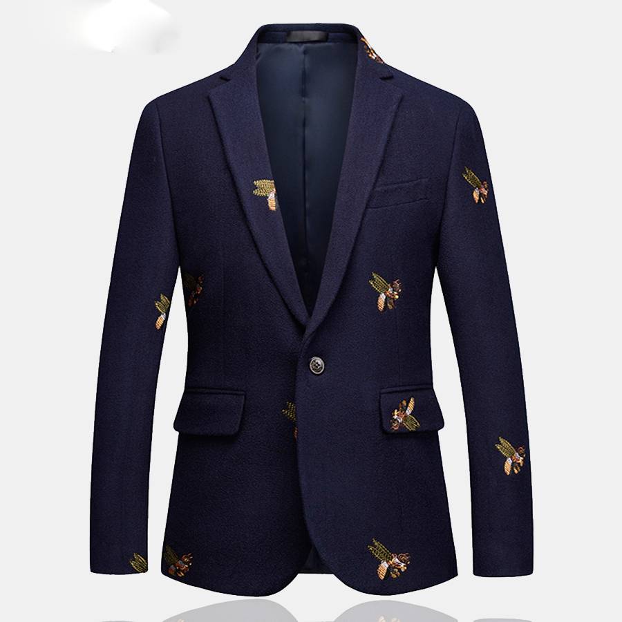 Navy Blue with Bee Embroidery Smart Casual Slim Fit Men Blazer