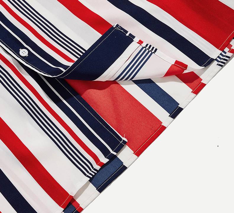 Vertical Stripe Buttoned Short Sleeve Style Men Shirt