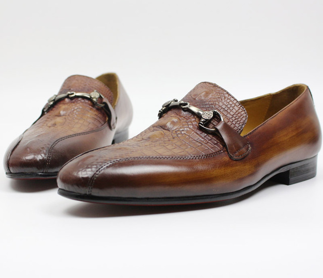 Chain Strap Slip On Brown Black Leather Men Loafers Shoes