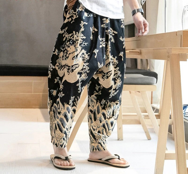 Chinese Dragon Print Wide Leg Japanese Streetwear Style Men Joggers Pants - FanFreakz