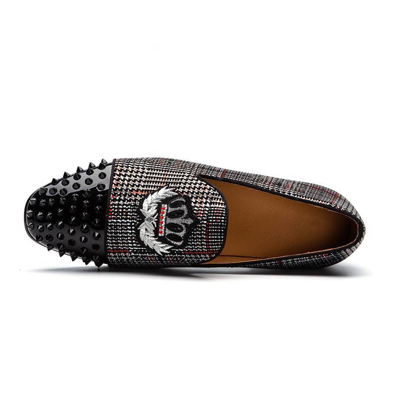 Black Spikes Rivets with Patched Ornament Detail Men Loafers Shoes - FanFreakz