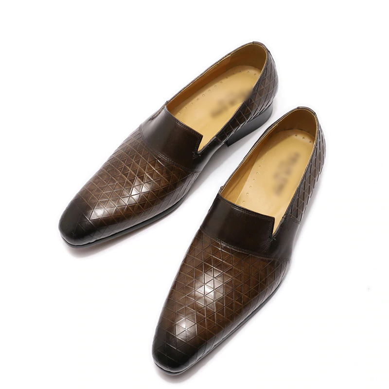 Mens Cow Leather Shoes Brown Slip On Pointed Toe