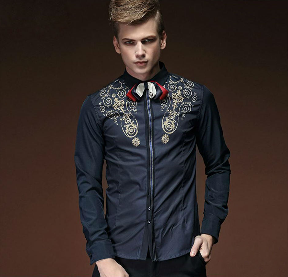 Royal Floral Pattern on Upper Chest Men Slim Fit Dandy Shirt