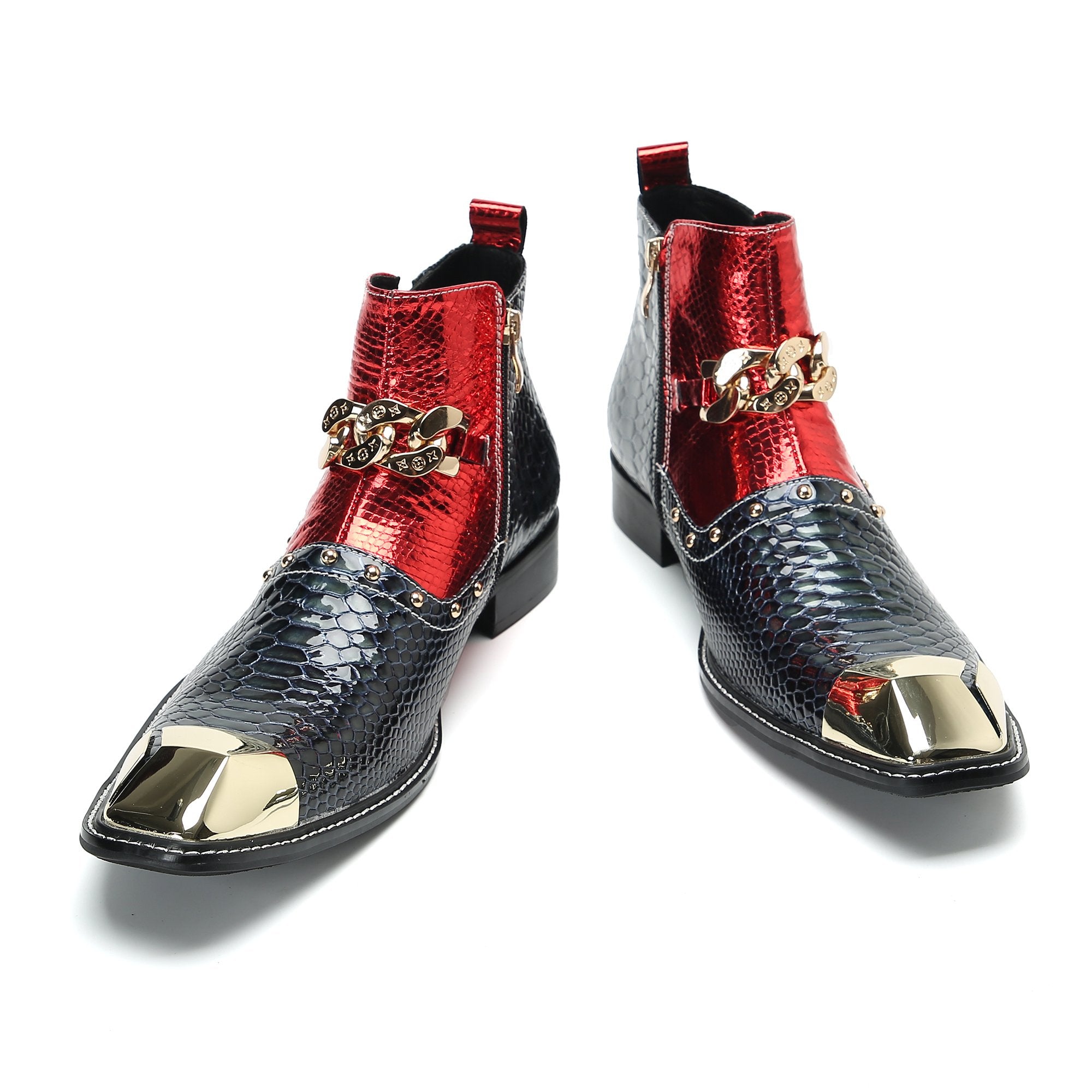 Snake Pattern Metal Appliques Genuine Leather Boots