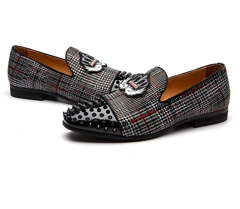 Black Spikes Rivets with Patched Ornament Detail Men Loafers Shoes - FanFreakz